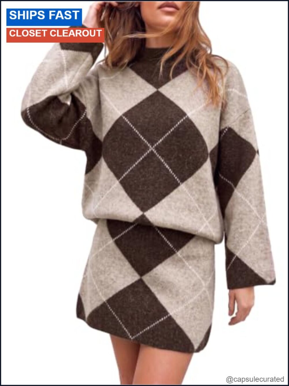 2 Piece Knit Skirt Set, Mock Neck Sweater with Argyle Pattern, Faux Cashmere